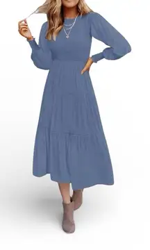 ZESICA long sleeve smocked tiered midi dress