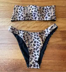 Leopard Print and Solid Black Reversible Bandeau Bikini with High Cut Bottoms