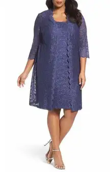 Alex Evenings Blue Sparkly Long Jacket Sheath Dress Set Mother of Bride 10