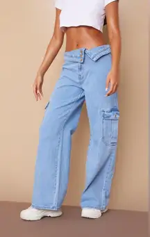 PRETTY LITTLE THING LIGHT BLUE WASH ASYMMETRIC FOLDOVER WAISTBAND JEANS size 10