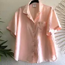 Pink lightweight button up down short sleeve collared shirt with front pocket and embroidery