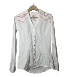 Wrangler Rock 47 Cowgirl Shirt Snap Bling V-Neck Rodeo Western White Pink Small