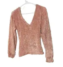 Lush Rosewood Pink Shaggy V-Neck Knot Back Sweater Size Small