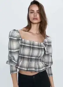 ZARA  Square Neck Puff Sleeve Plaid Blouse Size Small