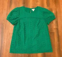 J. Crew Blouse XS Green Eyelet with Elegant Detailing Lined St.Patrick’s Day