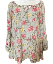 Fred David Women’s Boho Stripes & Floral Print Top Size 1X 3/4 Sleeve Blouse‎