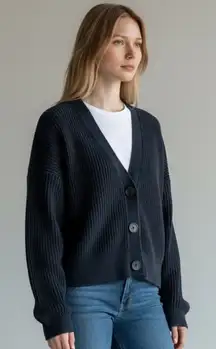 Banana Republic V-Neck Slouchy Chunky Knit Navy Cropped Preppy Cardigan