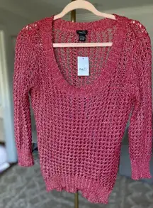 Rue21 Open Knit Fishnet Sweater Top Metallic Pink L Lightweight Sheer 90s Y2K