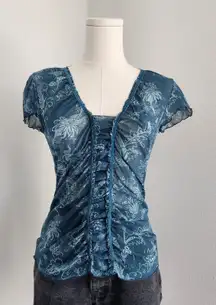 Y2K Mesh Blue Floral Sheer Ruched Cap Sleeve V-Neck Whimsigoth Top XS
