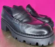 Free People Lyra Black Leather Chunky Lug Sole Penny Loafer Sz 38.5