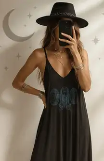 Black Celestial Maxi Dress Lagenlook Stars Moon Boho Flowy Artistic Small