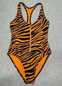 Frederick’s of Hollywood Sexy Tiger Print Zip Front One Piece Swimsuit Small