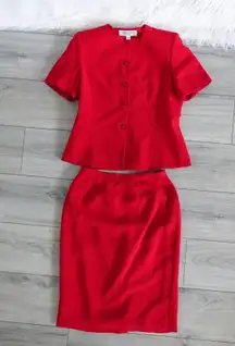 Vintage Retro 80s 90s Larry Levine Red Short Sleeve Skirt Blouse Suit Set 10
