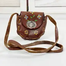 Vintage Mexican Hand Painted Tooled Leather Mini Bag Purse Brown
