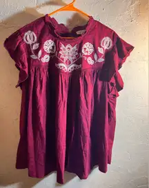 Knox Rose NWT Maroon Blouse with Cream Embroidery Plus 2X ruffle flutter sleeve
