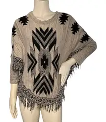 Crazy Train Black and Cream Aztec Print Fringe Poncho Sweater