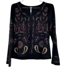 Black Faux Suede Multicolor Embroidered Open Front Jacket