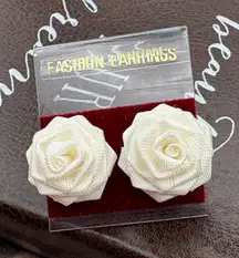 Vintage Ivory Fabric Rose Stud Earrings NOS 80s Bridal Cottagecore