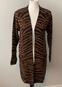 Nine West Open Front Tiger Print Long Cardigan Sweater Pockets Sz Medium MWT