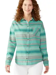 PRANA Percy Long Sleeve Button Front Shirt Atlantic Stripe Green Women's Medium