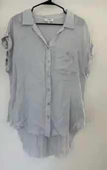 Umgee Grey Lightweight Button Down Collared Blouse Shirt Raw Hem Boho Distressed