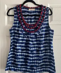 Tory Burch Womens Small Blue Sleeveless Top Red Fringe Americana Clean Girl