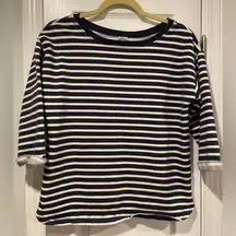 Gap Fit Size M Blue Cream Stripe Crew Neck 3/4 Sleeve Cotton Terry Sweatshirt
