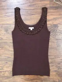 Cache  • brown beaded sweater tank knit ribbed embellished lace crochet scoop