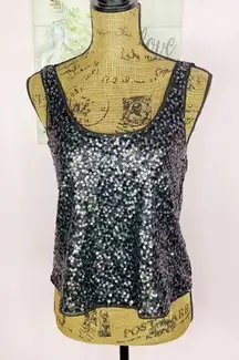 Express Sequin Scoop Neck Cropped Tank Top Black Silver Small