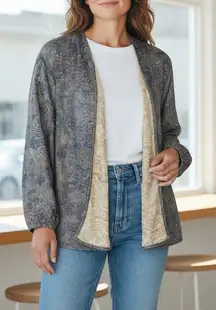 Catherines Paisley Open Front Embroidered Reversible Jacket 3X Blue Gold Lined