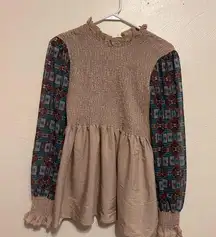 Tan and Blue Smocked Ruffled Blouse