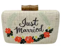 Kayu Just Married Straw Handwoven Clutch w/ chain strap bride wedding honeymoon