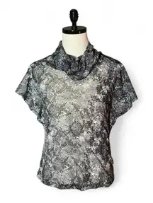 GRNV Women's Black Gray Sheer Snake Print Cowl Neck Flutter Sleeve Top Grunge