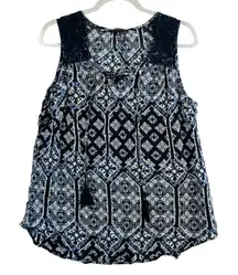 Relativity 1X Navy‎ Blue Printed Tank Top Sleeveless Lace Tassel Boho Blouse