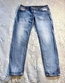 Miss Me Easy Skinny Jeans Medium Wash Embellished Easy Access Pocket Sz 31💛