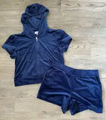 Juicy Couture Velour Short Puff Sleeve Hoodie + Shorts Set Size L Atlantis NWT
