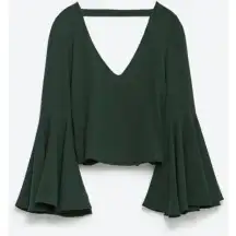 ZARA Trafaluc Dark Green Cropped Bell Sleeve‎ Top