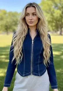 Frederick's of Hollywood Lightweight Dark Denim Jean Fitted Zip Jacket Fits XS