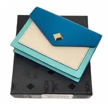 MCM New In Box Love Letter Small Wallet in Deep Lagoon Blue Leather