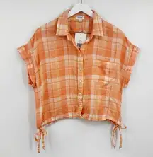 True Craft Orange Plaid Cropped Button Shirt Size Large Linen Blend