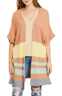 Umgee Color Block Open Front Longline Cardigan size Medium NWT Tan Yellow