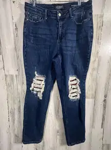 Judy Blue Distressed Boyfriend Jeans – Buffalo Check Knee Patch – 14W- MSRP $75