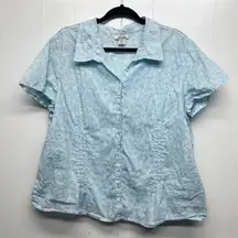 At Last Sky Blue Button Front Women's Short Sleeve Top 3X Lightweight Breathable