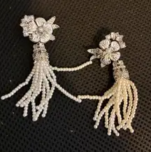 Silver Flower Pearl Tassel Chain Earrings Dangle Drop