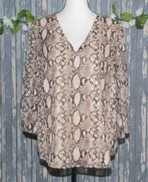 Preston & York V-Neck Snakeskin Top Blouse Shirt Size L Sheer 3/4 Sleeve Lined