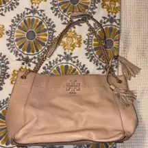 Tory Burch Beige Leather Shoulder Bag with Gold Chain