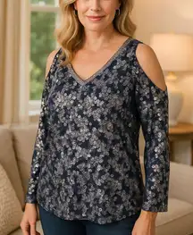 Juicy Couture Faux Sequin Cold Shoulder Blouse Metallic Navy Silver Party XL