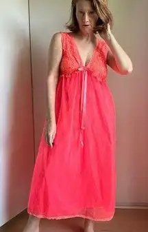Vintage Lingerie Nightie Neon Coral Orange Lace Size M/Large Fit Bright