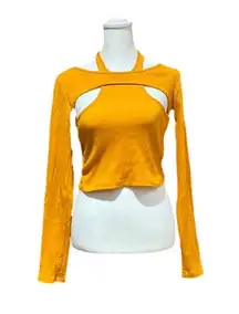 Bershka  Fitted Long Sleeve Marigold Shirt Woman’s Size Large Cropped Yellow Top