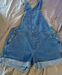 Old Navy Blue Denim Short Overalls L Distressed Frayed Hem 100% Cotton. See pics
